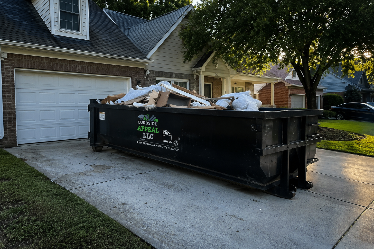 Curbside Appeal LLC dumpster filled with junk parked in a residential Montgomery driveway
